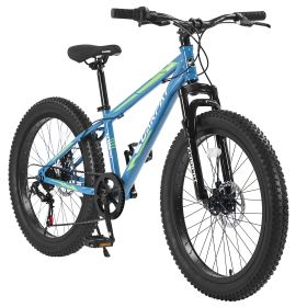 S24109 24 Inch Fat Tire Bike Adult-Youth Full Shimano 7 Speeds Mountain Bike, Dual Disc Brake, High-Carbon Steel Frame, Front Suspension, Mountai (Color: Green)